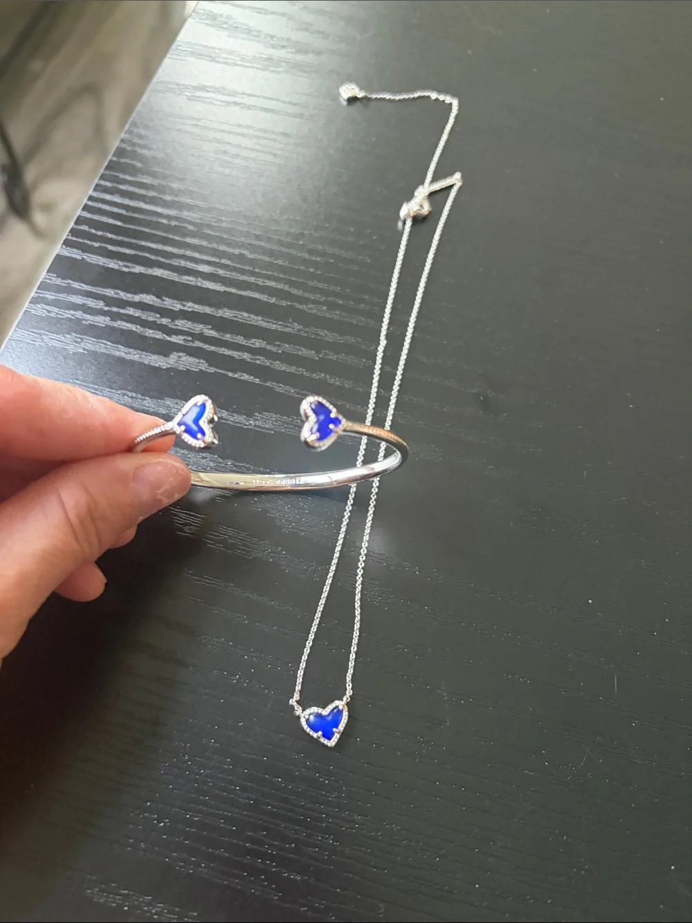 Kendra Scott Silver Bracelet and Necklace Set with Royal Blue Hearts